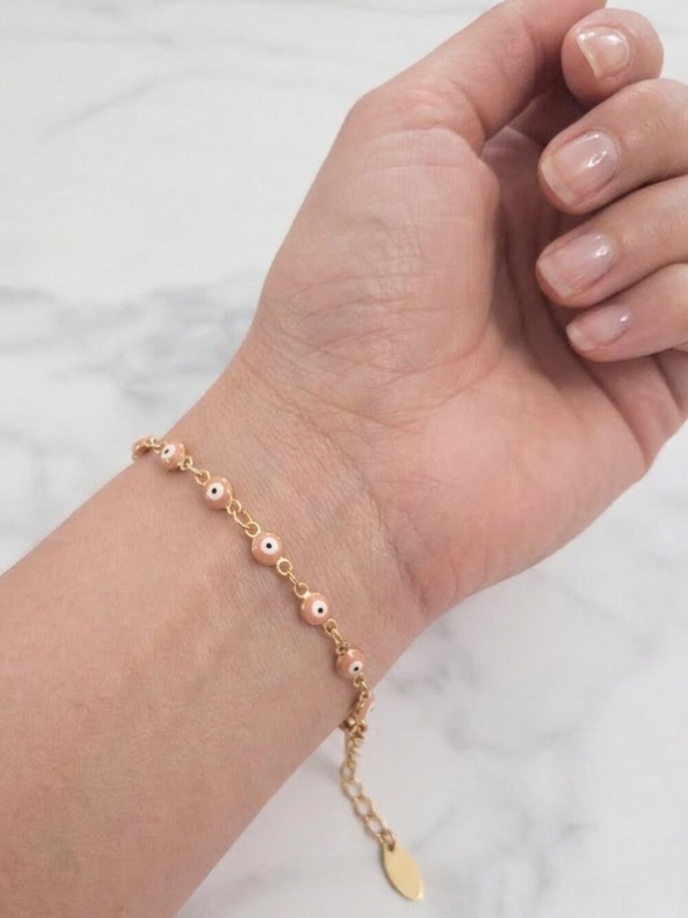 Gold Plated Evil Eye Enamel Chain Link Bracelet Pink Peach